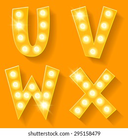 Vector yellow lamp alphabet for theatre, cinema and other entertainment. Letters U V W X