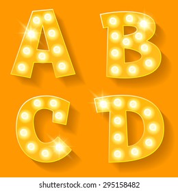 Alfabeto de lámpara amarilla vectorial para teatro, cine y otros espectáculos. Letras A B C D