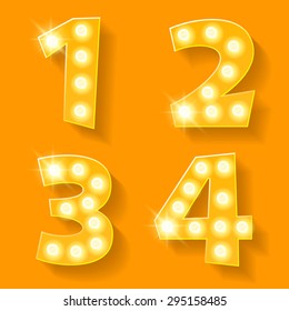 Vector yellow lamp alphabet for theatre, cinema and other entertainment. Numbers 1 2 3 4