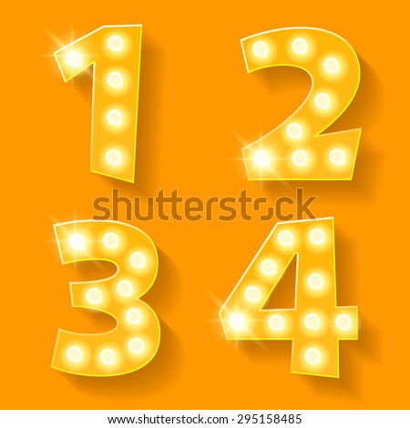 Vector yellow lamp alphabet for theatre, cinema and other entertainment. Numbers 1 2 3 4