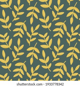 Vector yellow leaves on green background seamless pattern. Botanical print in trendy colors. Floral ornament for textile, fabric, wallpaper, wrapping paper, design and decoration.