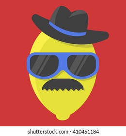 Vector yellow lemon cartoon with glasses and mustache, and hat isolated icon.