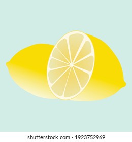 vector of yellow lemon. flat image of whole and half lemon. a lemon cut in half. whole citrus in the background