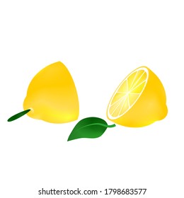 Vector Yellow Lemon Half Slice In Two Piece And Green Leaves On White