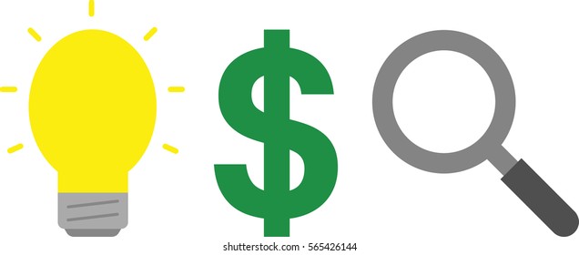 Vector yellow light bulb with green dollar and magnifying glass.