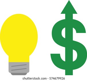 Vector yellow light bulb with green dollar and arrow pointing up.