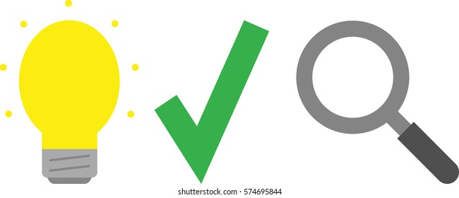 Vector yellow light bulb with green check mark and magnifying glass.