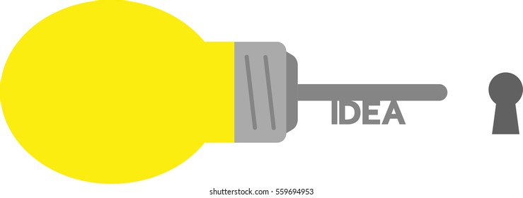 Vector yellow light bulb with grey idea key and keyhole.