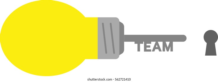 Vector yellow light bulb with grey team key and keyhole.