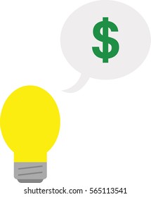 Vector yellow light bulb with grey speech bubble and green dollar symbol.