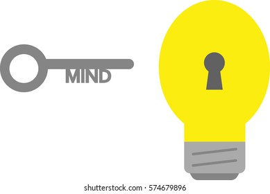 Vector yellow light bulb with grey mind key.