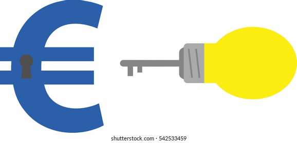 Vector yellow light bulb key with blue euro symbol and keyhole.
