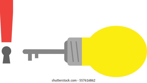 Vector yellow light bulb with key and red exclamation mark keyhole.