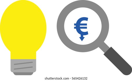 Vector yellow light bulb with magnifying glass includes blue euro with arrow pointing down.