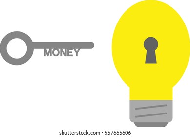 Vector yellow light bulb with money key.