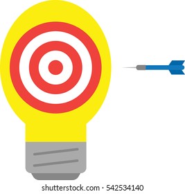 Vector yellow light bulb with red bullseye target and blue dart.