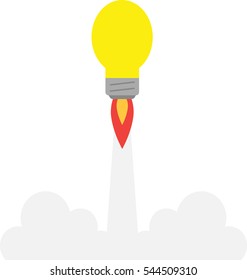Vector yellow light bulb rocket ship flying on white.
