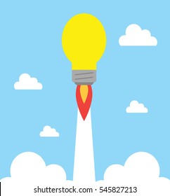 Vector yellow light bulb rocket ship flying on cloudy blue sky.