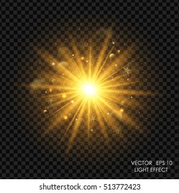 Vector yellow light effect. Abstract background with gold blurred shiny sparkles and glitter dust. Glowing bright flare with de-focused bokeh lights. Isolated design element.