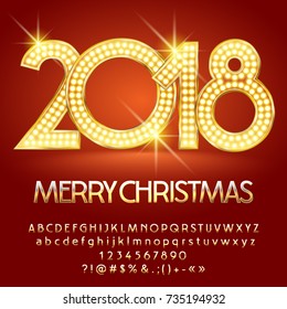 Vector yellow light up Merry Christmas greeting card with set of letters, symbols and numbers. Golden File contains graphic styles