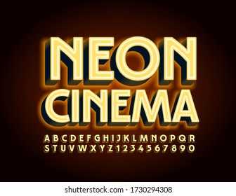 Vector yellow light sign Neon Cinema. Bright glowing Font. Elegant Alphabet Letters and Numbers