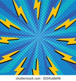 Vector of yellow lightning bolts on radiating blue stripes with dots. graphic decor print design, superhero and comic book concept digitally generated image.