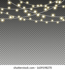 Vector yellow lights isolated realistic design elements. Glowing lights for Xmas holiday greeting card design. Garlands, Christmas party decorations. Beautiful light background. Xmas glowing garland. 