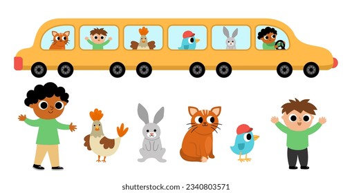 Vector yellow limousine car with passengers. Funny automobile for kids. Cute vehicle clip art with driver, hen, rabbit, cat, bird, boy. Retro transport icon with animals isolated on white background
