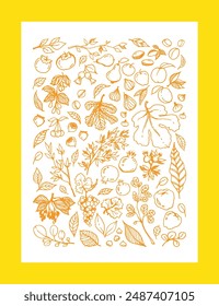 Vector yellow linear illustration of different Garden Fruits, leaves, tree branches