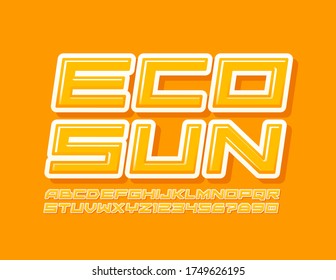 Vector yellow logo Eco Sun with techno style Font. Bright Alphabet Letters and Numbers