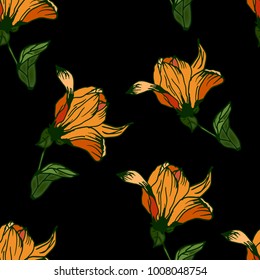 Vector yellow magnolia flower hand drawn  pattern on black backgrond  textil fabric 