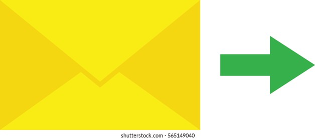 Vector yellow mail or message envelope icon with green arrow pointing right.