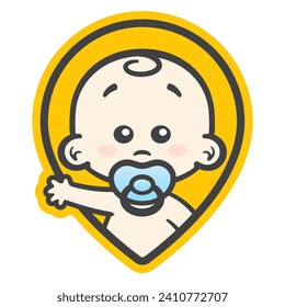 Vector yellow map pin icon with an image of a waving baby with a pacifier in his mouth. Isolated on white background