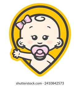 Vector yellow map pin icon with an image of a waving baby girl with a pacifier in his mouth. Isolated on white background