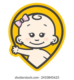 Vector yellow map pin icon with an image of a waving baby girl. Isolated on white background