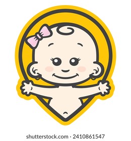 Vector yellow map pin icon with an image of a waving baby girl. Isolated on white background