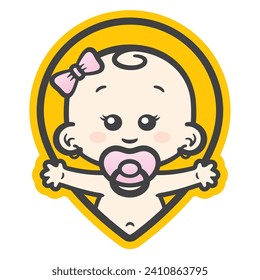 Vector yellow map pin icon with an image of a waving baby girl with a pacifier in his mouth. Isolated on white background