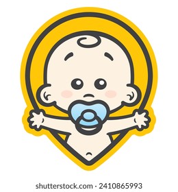 Vector yellow map pin icon with an image of a waving baby with a pacifier in his mouth. Isolated on white background