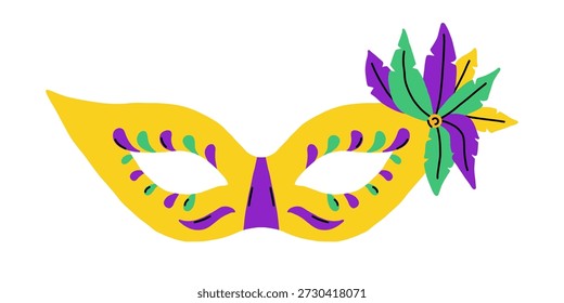 Máscara de mardi gras amarelo vetorial com decoração de penas roxas e verdes. Acessório de fantasia de máscaras de carnaval festivo para festa, desfile, celebração de feriado, convite, cartaz ou design de mídia social.