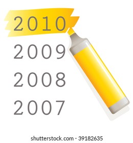 vector yellow marker pen highlighting new year 2010
