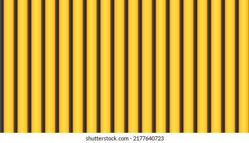 Vector yellow metal wall texture. Iron linear home siding, seamless pattern. House vertical black panels. Wave zinc roof. Steel metal grooved fence. Plastic geometric profile. Wood striped roof
