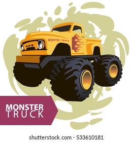 Vector yellow monster truck with flames on white and olive background with the inscription