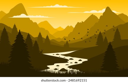 Vector yellow mountain landscape with clean sky and calm river and pine trees silhouettes