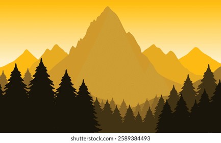 Vector yellow mountain landscape with clean sky, calm river and pine trees silhouettes