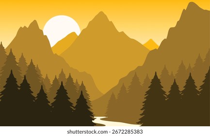Vector yellow mountain landscape with clear sky, sunset behind the mountains and silhouettes of trees and calm lake water