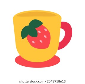 Vector of a yellow mug decorated with a strawberry illustration.