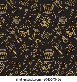 Vector yellow music instruments pattern on black background