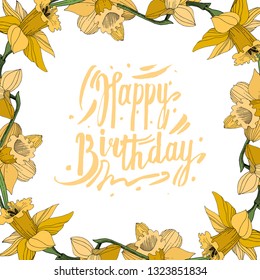 Vector Yellow Narcissus floral botanical flower. Wild spring leaf wildflower isolated. Egraved ink art. Frame border ornament square.