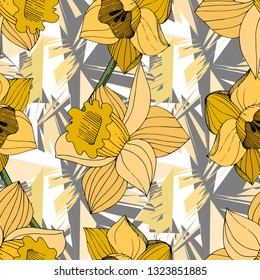 Vector Yellow Narcissus floral botanical flower. Wild spring leaf wildflower isolated. Engraved ink art. Seamless background pattern. Fabric wallpaper print texture.
