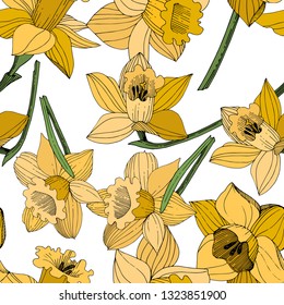 Vector Yellow Narcissus floral botanical flower. Wild spring leaf wildflower isolated. Engraved ink art. Seamless background pattern. Fabric wallpaper print texture.